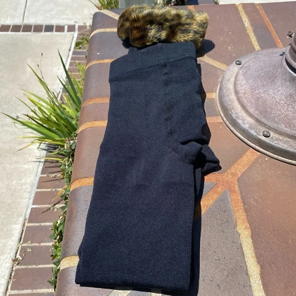 BLACK ANKLE TIGHTS w/leopard faux fur ankles. Halloween or winter wear. NWT